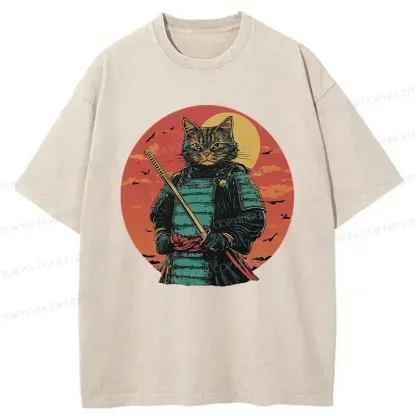 Tokyo-Tiger Handsome Cat Samurai Washed T-Shirt