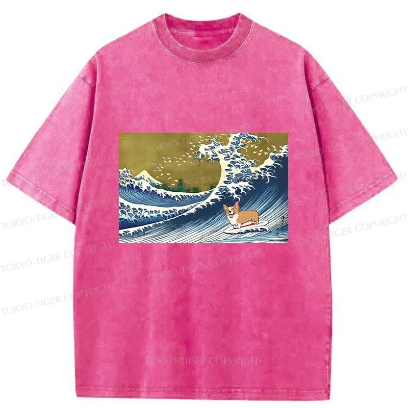 Tokyo-Tiger Corgi Surfing Washed T-Shirt