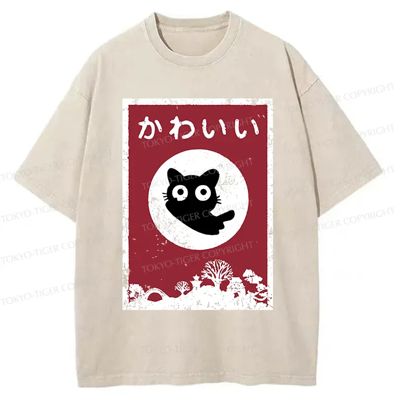Tokyo-Tiger Cute Black Cat Washed T-Shirt