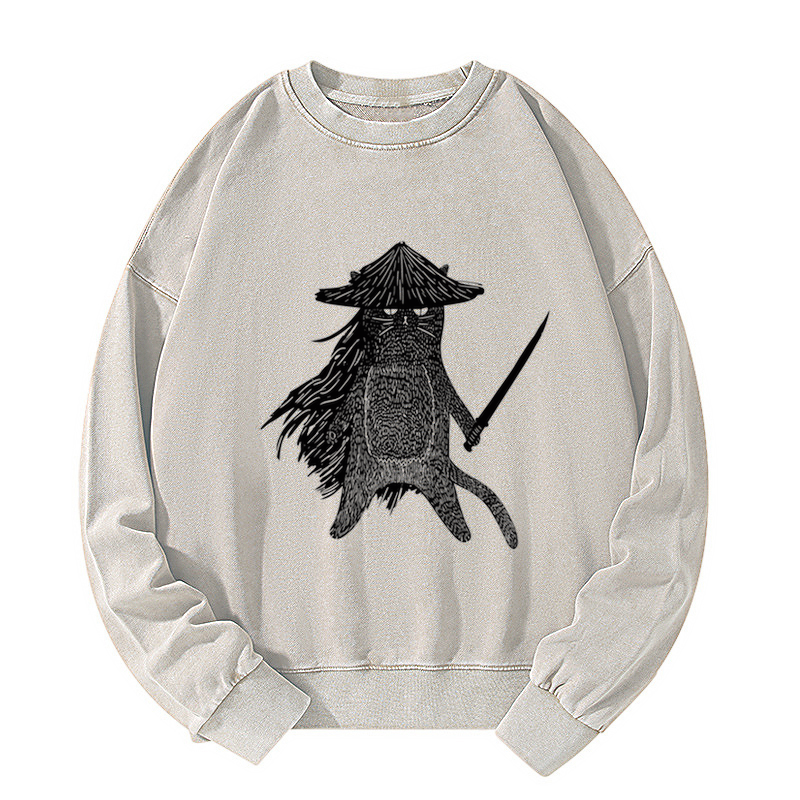 Tokyo-Tiger Japanese Samurai Cat Washed Sweatshirt