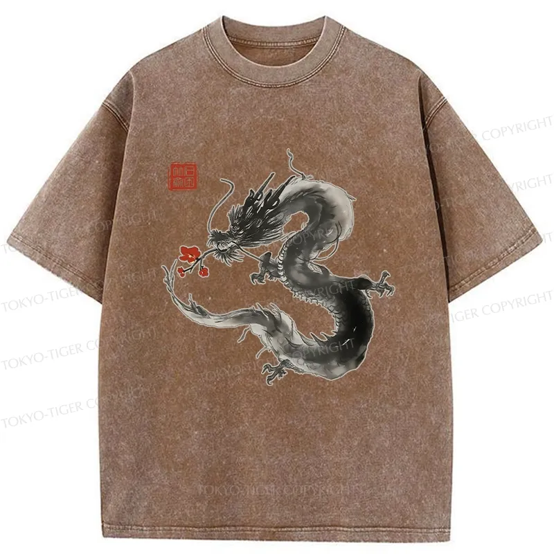 Tokyo-Tiger Dragon Holding A Flower Washed T-Shirt