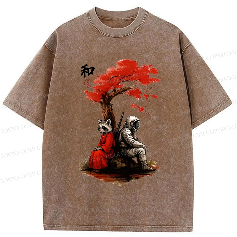 Tokyo-Tiger Raccoon And Astronaut By Tree Washed T-Shirt