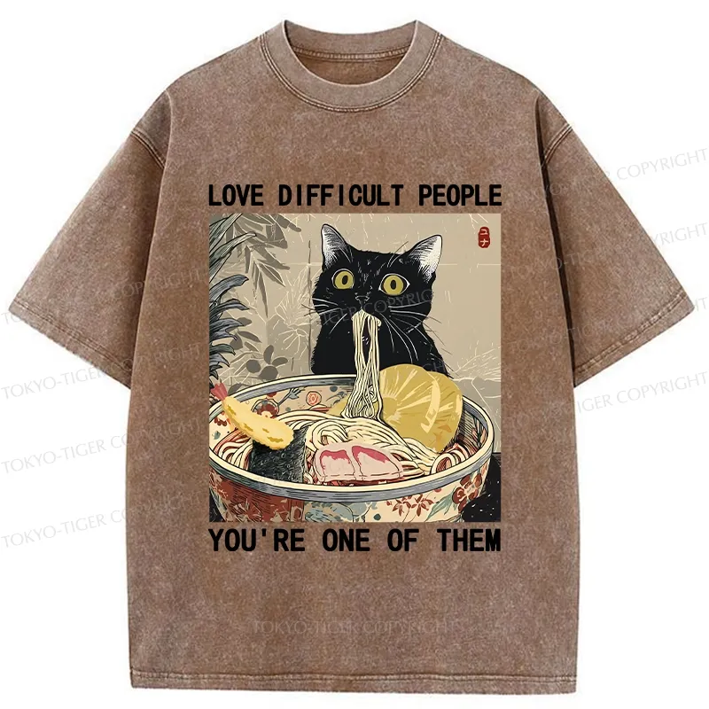 Tokyo-Tiger Kawaii Cat Eating Ramen Washed T-Shirt