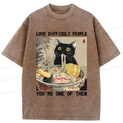 Tokyo-Tiger Kawaii Cat Eating Ramen Washed T-Shirt