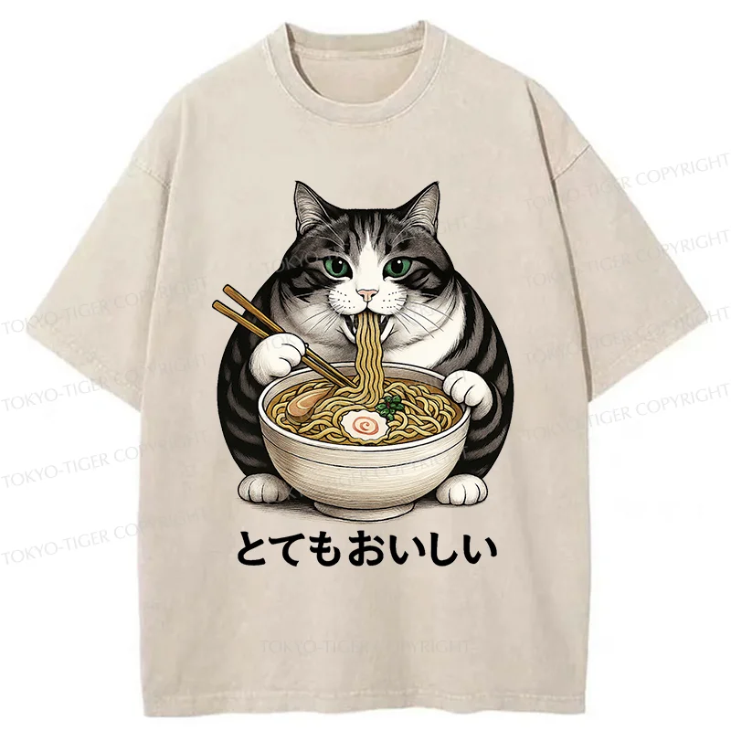 Tokyo-Tiger Fat Cat Eating Delicious Ramen Washed T-Shirt