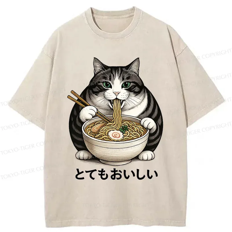 Tokyo-Tiger Fat Cat Eating Delicious Ramen Washed T-Shirt