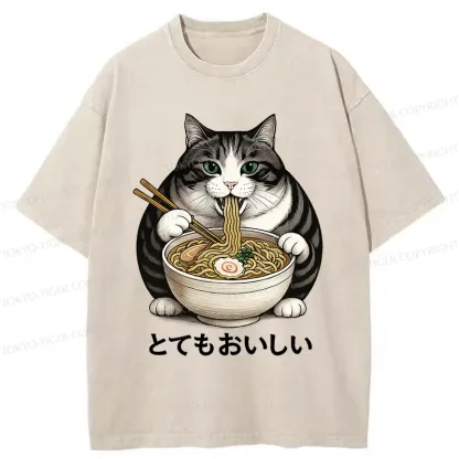 Tokyo-Tiger Fat Cat Eating Delicious Ramen Washed T-Shirt