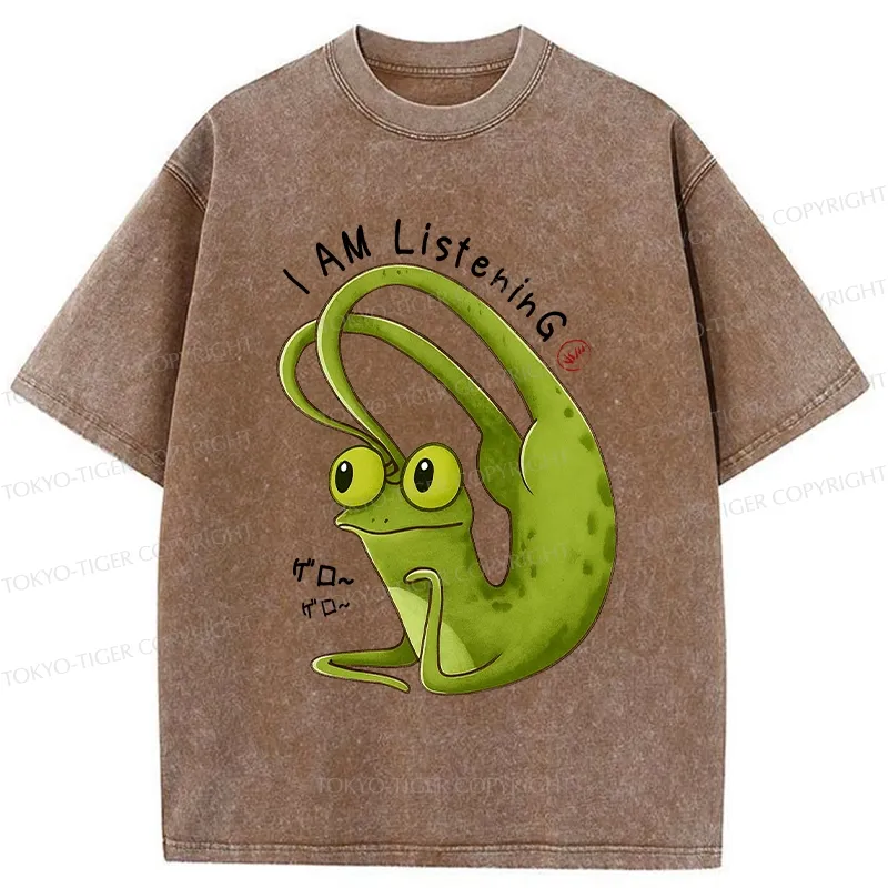 Tokyo-Tiger Funny I Am Listening Washed T-Shirt