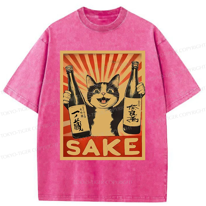Tokyo-Tiger Cat Holding Wine Washed T-Shirt