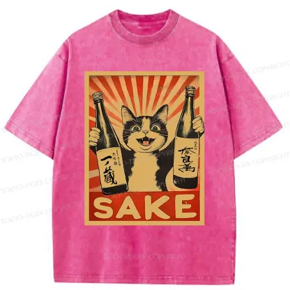 Tokyo-Tiger Cat Holding Wine Washed T-Shirt