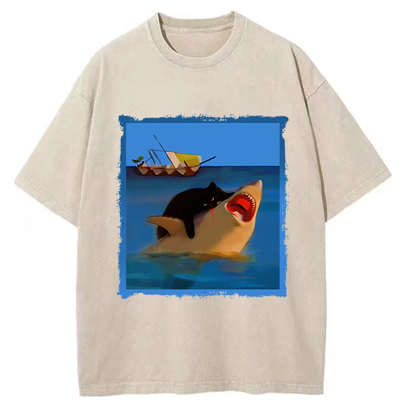Tokyo-Tiger Black Cat With Shark Washed T-Shirt