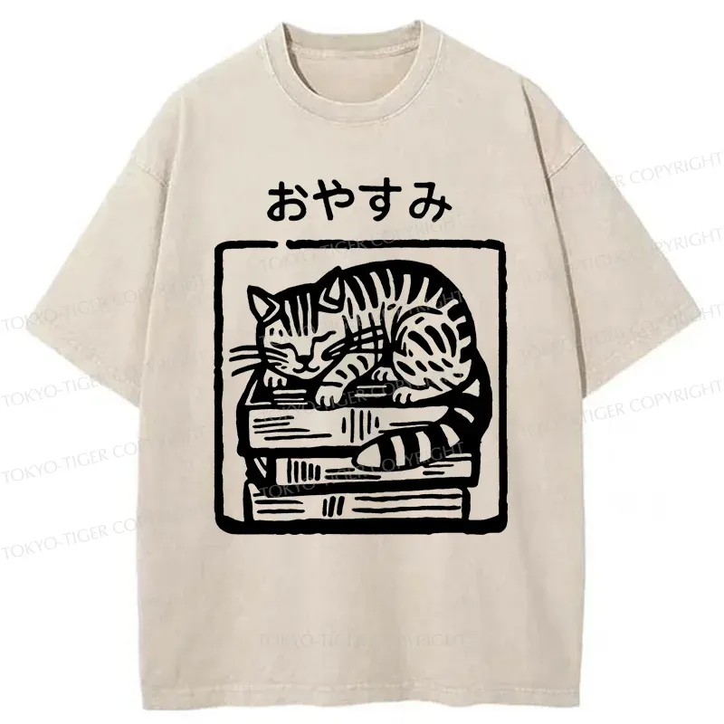 Tokyo-Tiger Cat Sleeping On The Bookshelf Washed T-Shirt