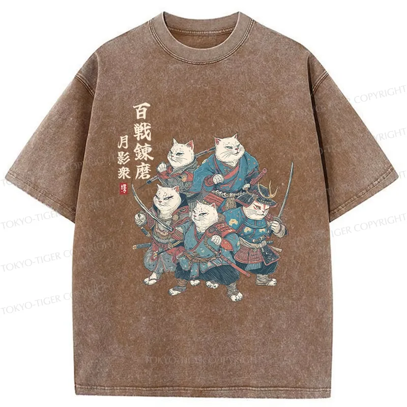 Tokyo-Tiger Five Cat Samurai Washed T-Shirt