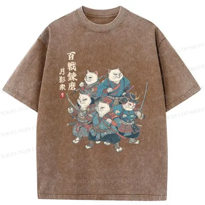 Tokyo-Tiger Five Cat Samurai Washed T-Shirt