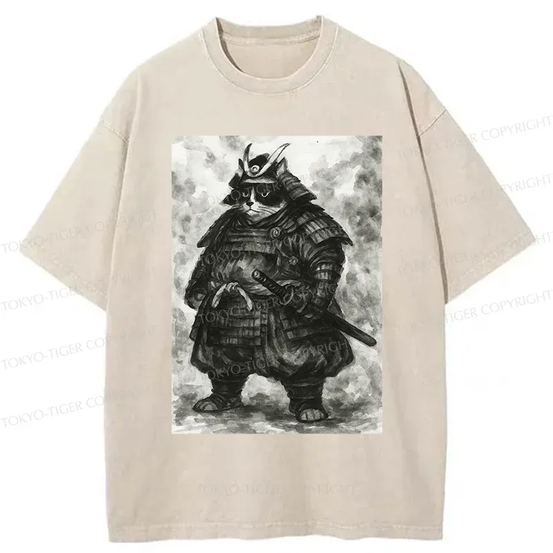 Tokyo-Tiger Strong Cat Samurai Washed T-Shirt