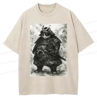 Tokyo-Tiger Strong Cat Samurai Washed T-Shirt