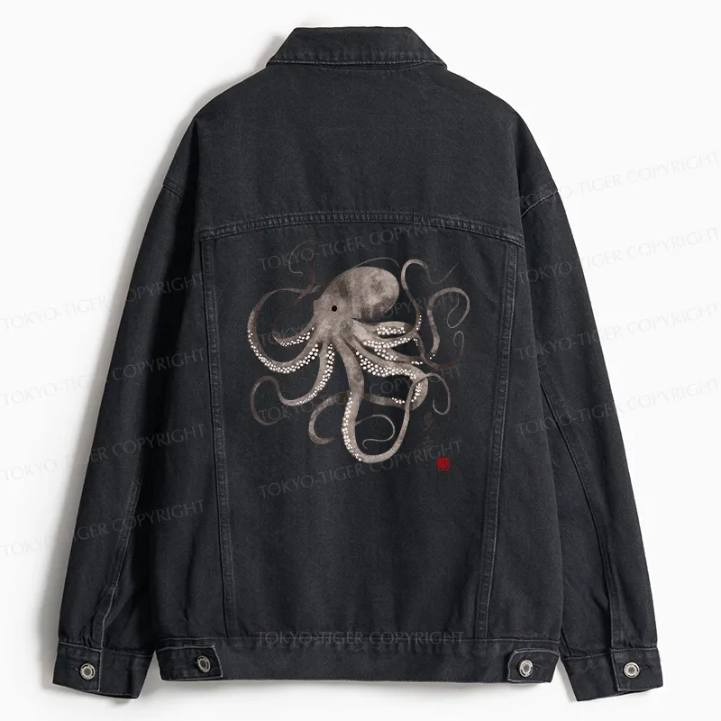 Tokyo-Tiger Octopus Japanese Calligraphy Jean Jacket