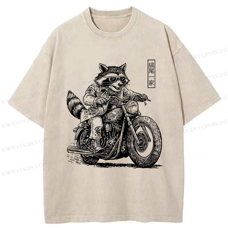 Tokyo-Tiger Raccoon Riding A Motorcycle Washed T-Shirt