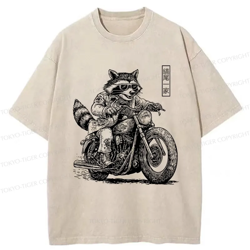 Tokyo-Tiger Raccoon Riding A Motorcycle Washed T-Shirt