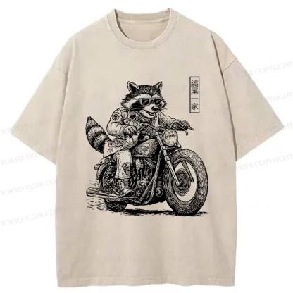 Tokyo-Tiger Raccoon Riding A Motorcycle Washed T-Shirt