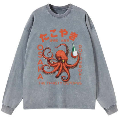 Tokyo-Tiger Octopus Drinks Soju Washed Long Sleeve T-Shirt