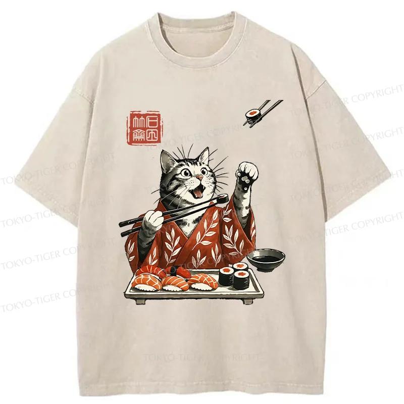Tokyo-Tiger American Shorthair Cat Eating Sushi Washed T-Shirt