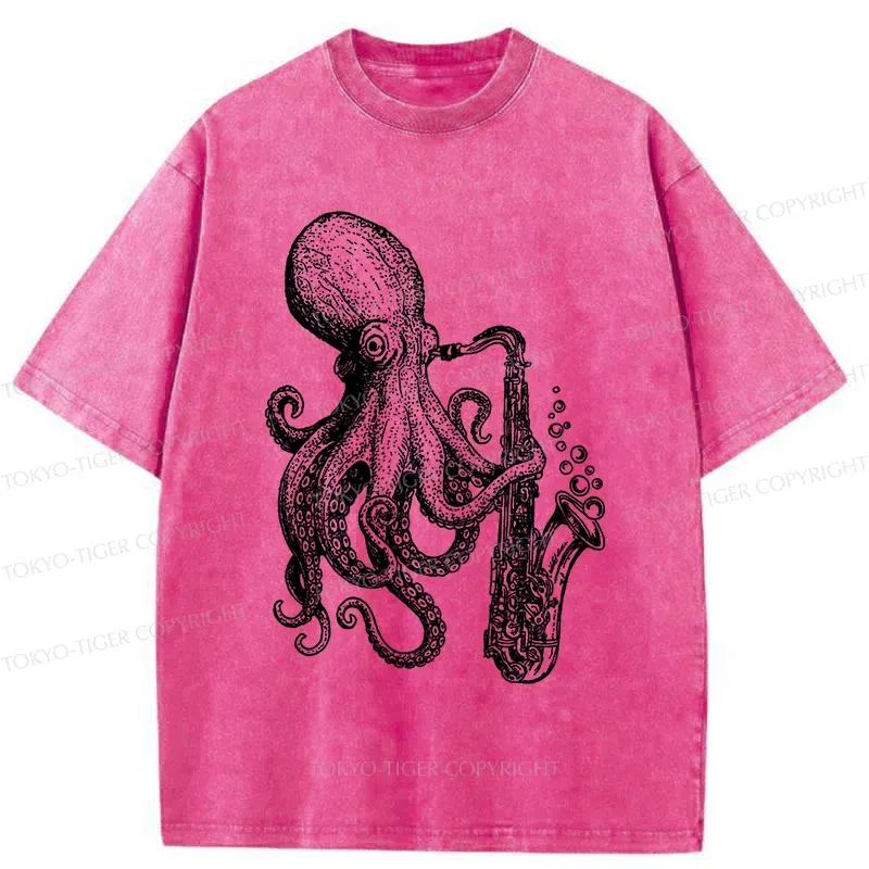 Tokyo-Tiger Octopus Playing Saxophone Washed T-Shirt