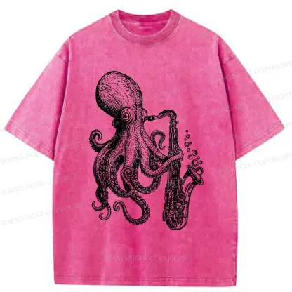 Tokyo-Tiger Octopus Playing Saxophone Washed T-Shirt