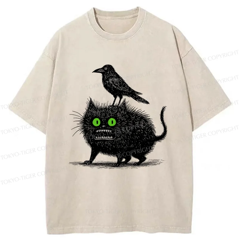 Tokyo-Tiger Crow And Black Cat Washed T-Shirt