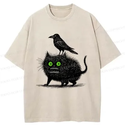 Tokyo-Tiger Crow And Black Cat Washed T-Shirt