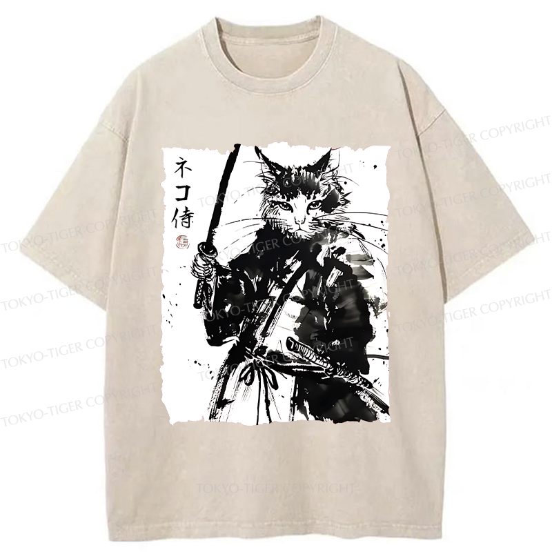Tokyo-Tiger Ink Painting Cat Samurai Washed T-Shirt