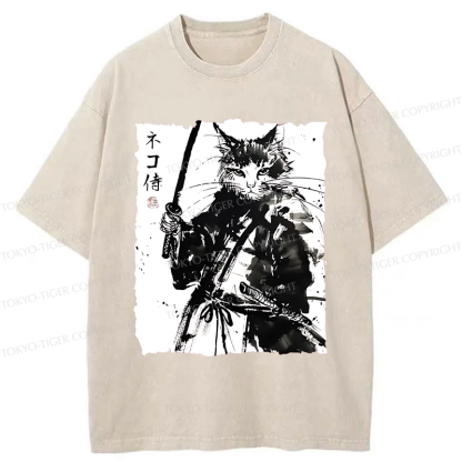 Tokyo-Tiger Ink Painting Cat Samurai Washed T-Shirt