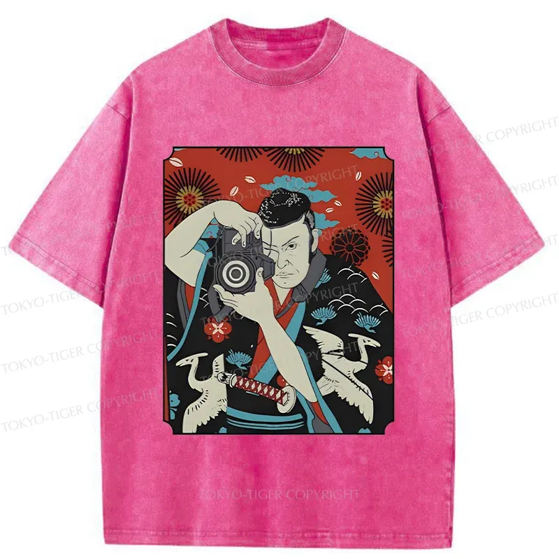 Tokyo-Tiger Samurai Photographer Washed T-Shirt