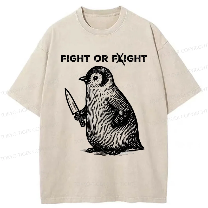 Tokyo-Tiger Funny Fight Or Flight Penguin Washed T-Shirt