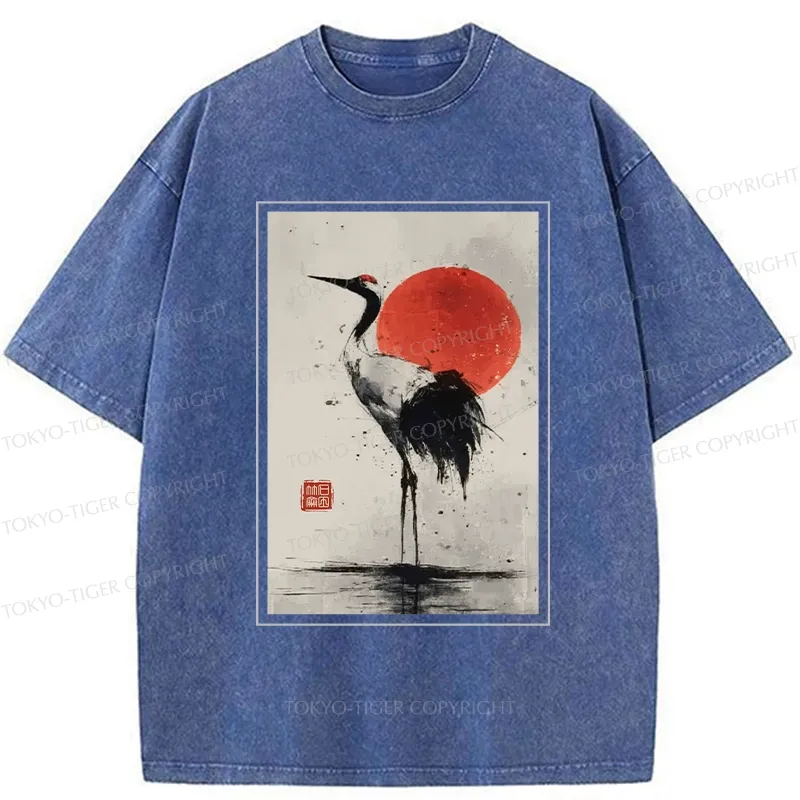 Tokyo-Tiger Retro Japanese Red-crowned Crane Washed T-Shirt