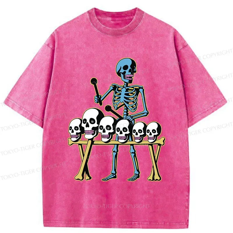 Tokyo-Tiger Skeleton Playing Bone Piano Washed T-Shirt