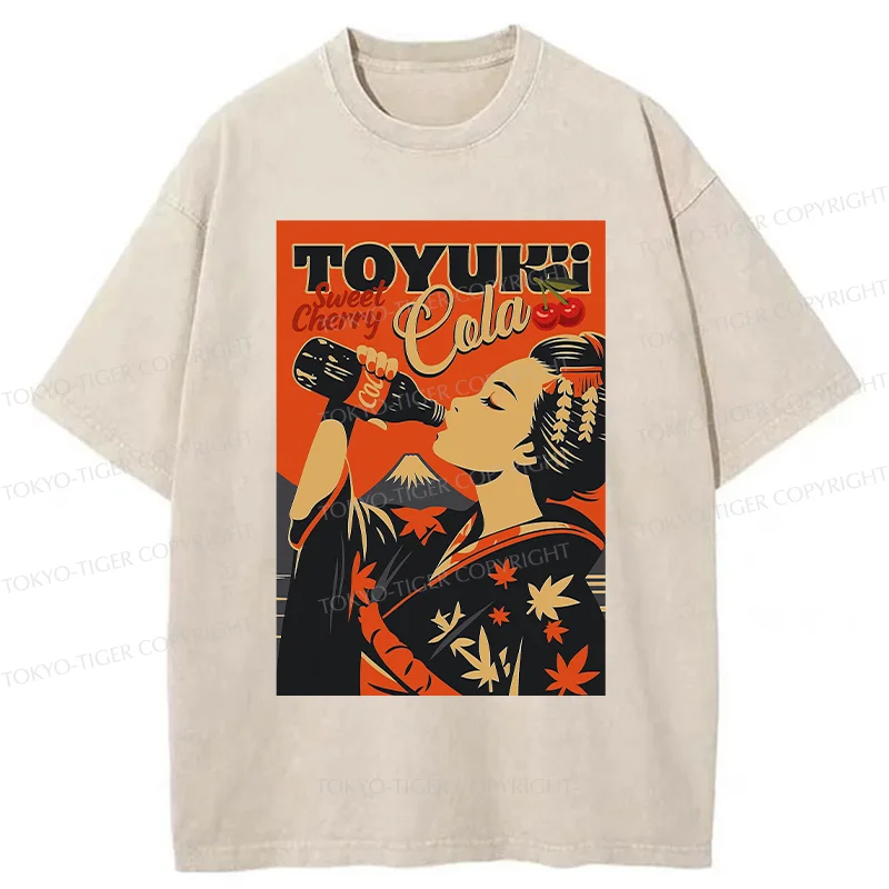Tokyo-Tiger Geisha Drinking Soda Washed T-Shirt