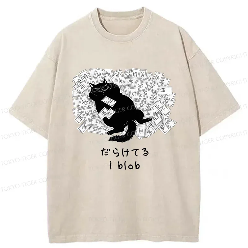 Tokyo-Tiger Cat Lying On Money Washed T-Shirt
