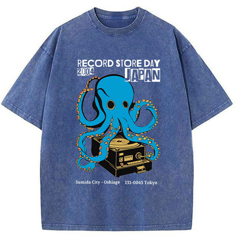 Tokyo-Tiger Japanese Octopus Records Washed T-Shirt
