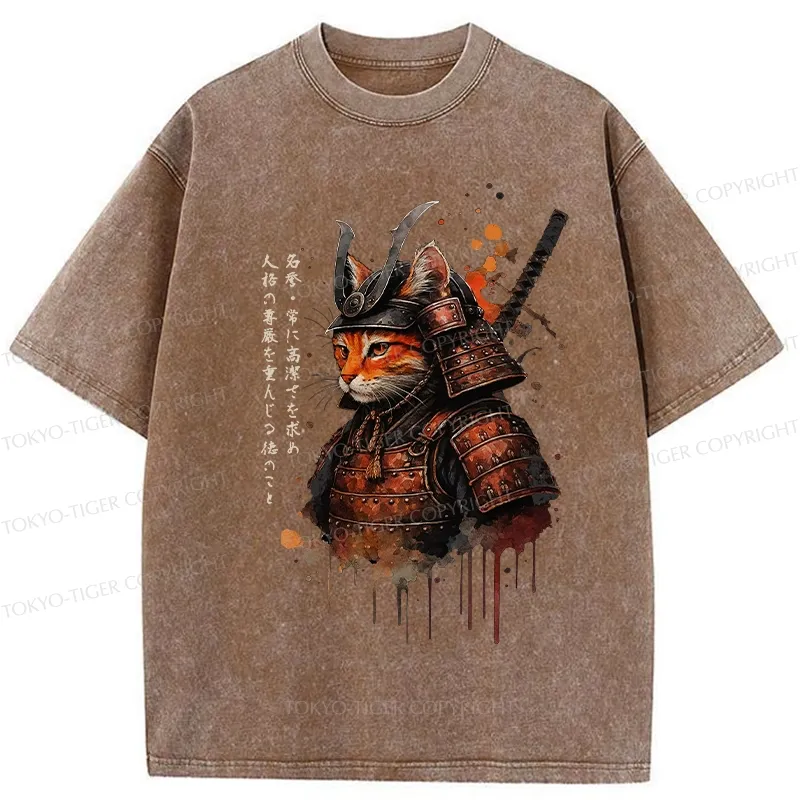 Tokyo-Tiger Vintage Samurai Cat Washed T-Shirt