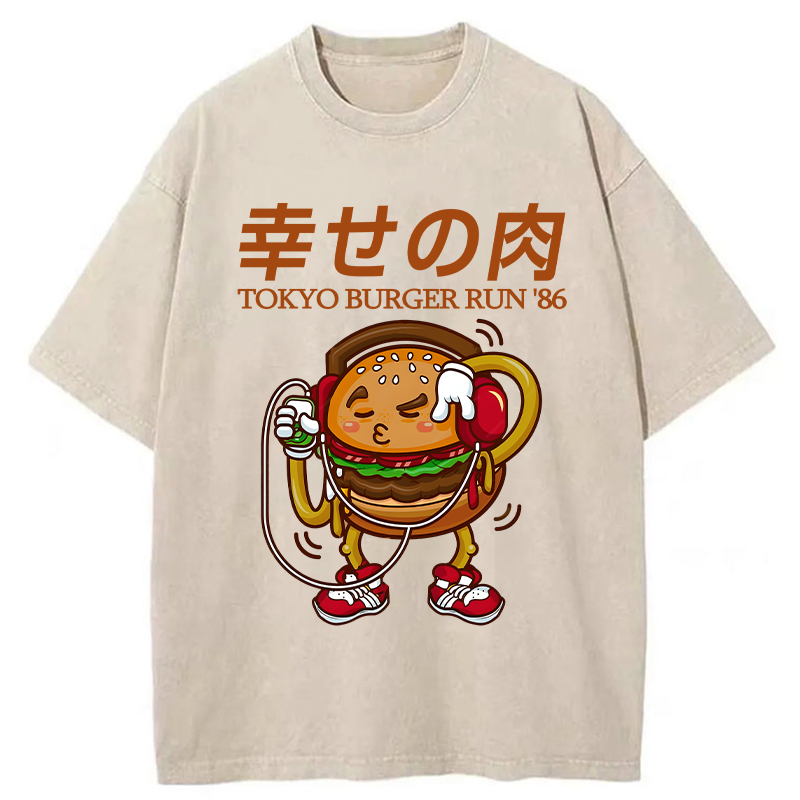 Tokyo-Tiger Funny Burger Listen To Music Washed T-Shirt