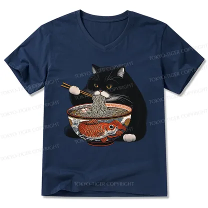 Tokyo-Tiger Fat Cat Eating Ramen V-Neck Classic T-Shirt