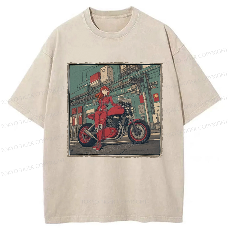 Tokyo-Tiger Cool Motorcycle Girl Washed T-Shirt