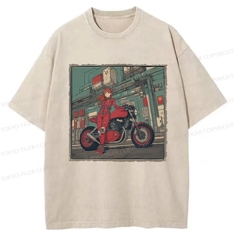 Tokyo-Tiger Cool Motorcycle Girl Washed T-Shirt