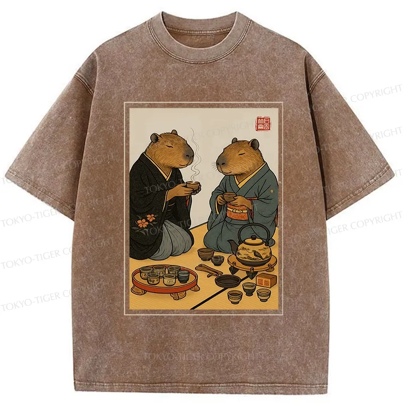 Tokyo-Tiger Capybara Tea Ceremony Washed T-Shirt
