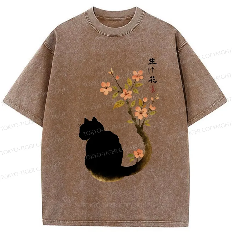 Tokyo-Tiger Retro Cat Tail Flowers Washed T-Shirt