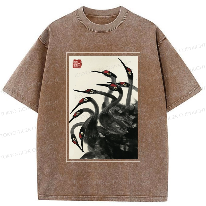 Tokyo-Tiger Retro Red Crowned Crane Washed T-Shirt
