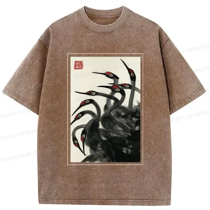 Tokyo-Tiger Retro Red Crowned Crane Washed T-Shirt