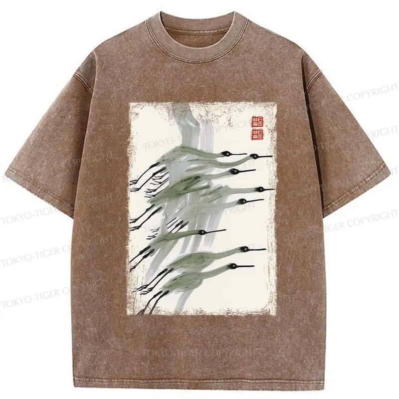 Tokyo-Tiger Flock of Cranes in Flight Washed T-Shirt