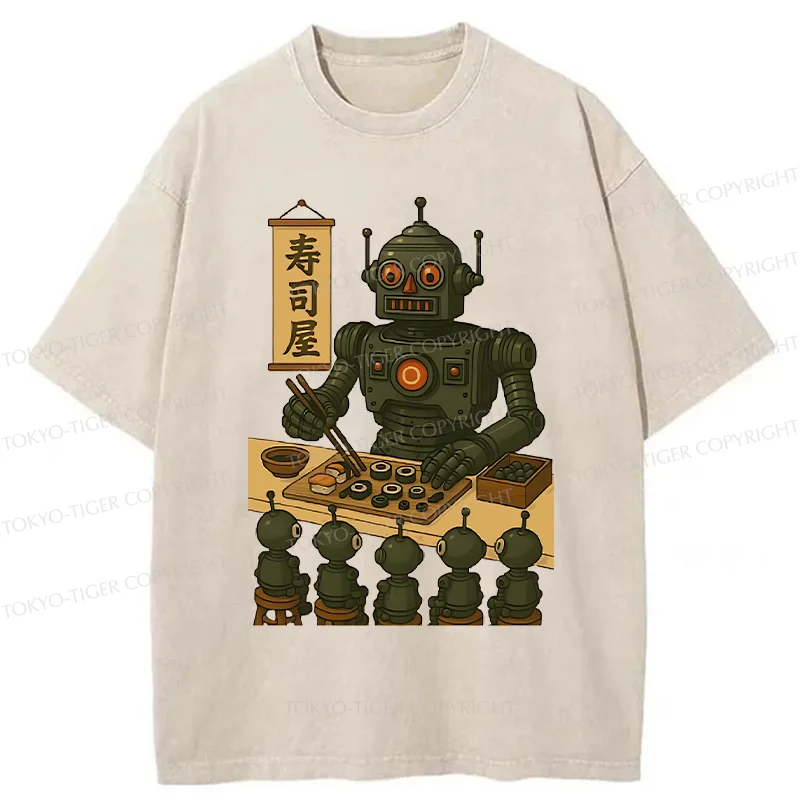 Tokyo-Tiger Robot-only Sushi Restaurant Washed T-Shirt